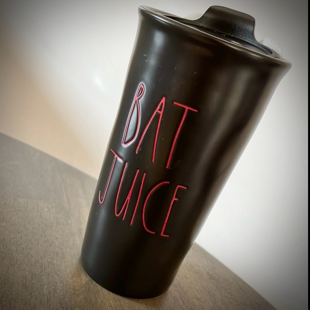 NEW Rae Dunn Black Tumbler with Red 'Bat Juice' Design Halloween Cup Coffee Mug